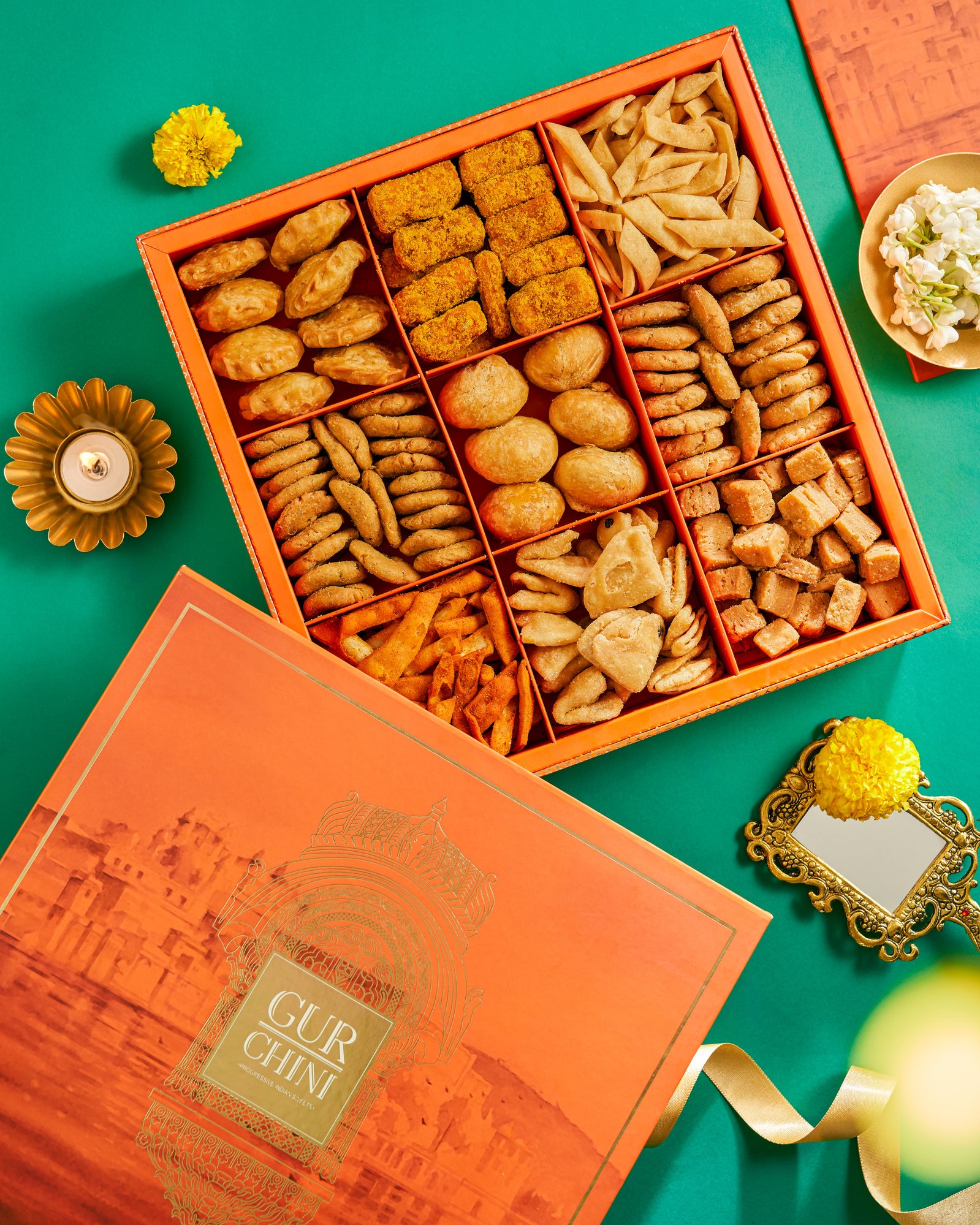 Diwali Special Luxury Orange Jharokha Assorted 9 Coloum Bhaji Box.