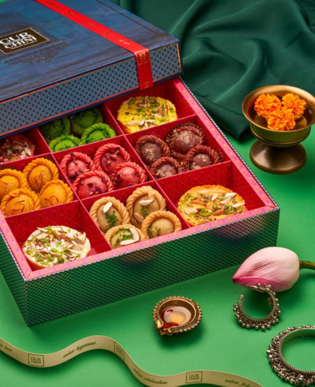 Luxury Jharokha Box of 4 Variety of Ghewar & 5 Variety of  Gunjiya