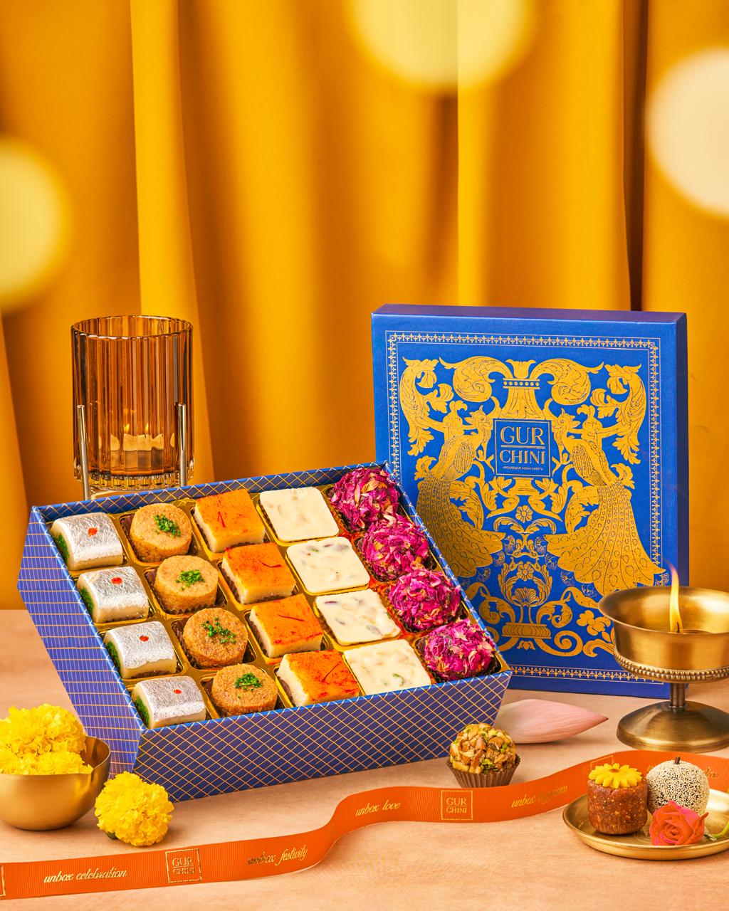 Diwali Special Luxury Collection by Gur Chini of Assorted Sweets Blue Box of 20.