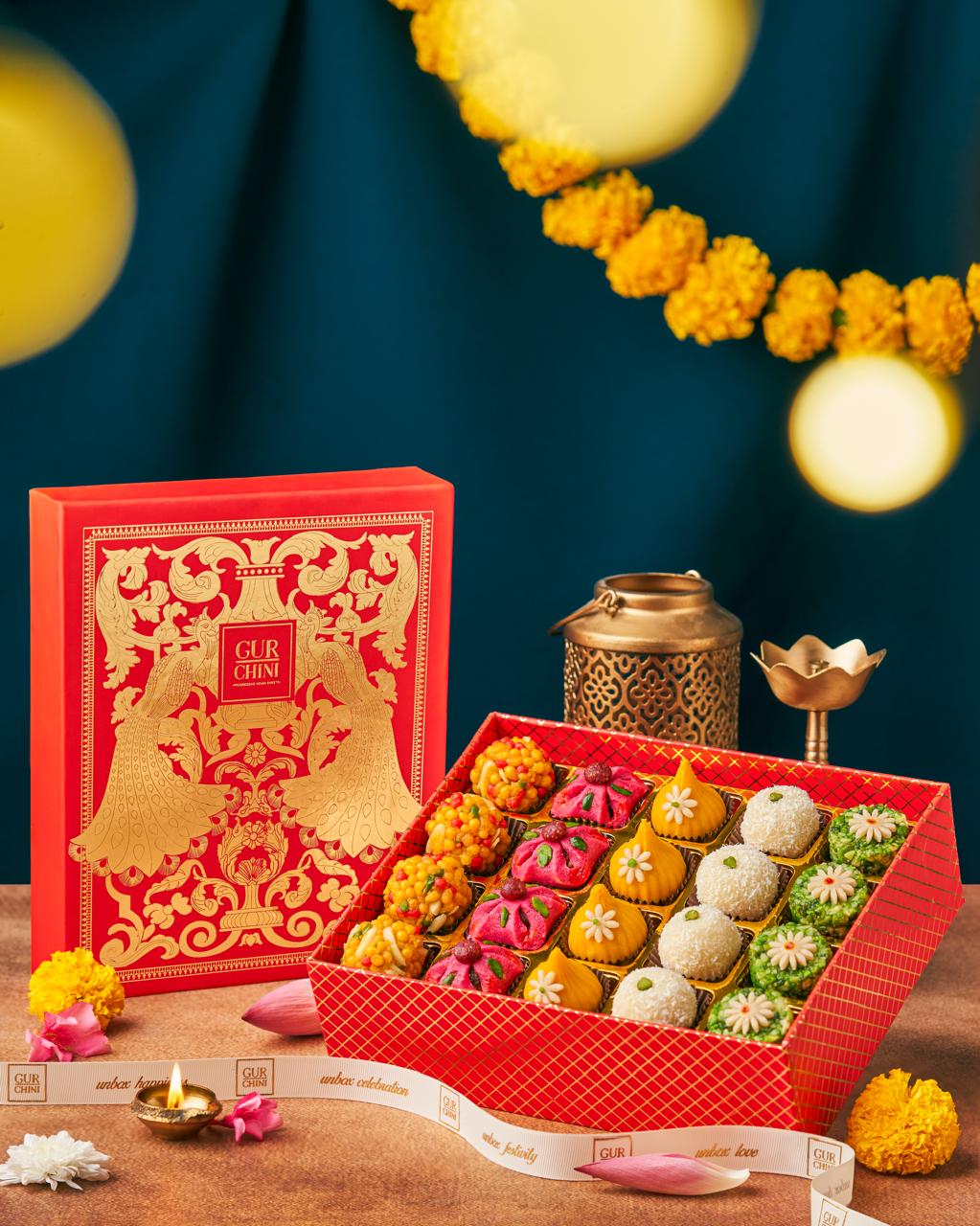 Diwali Special Luxury Collection by GurChini of Aassorted Sweets Red Box of 20.